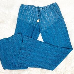CHASER BLUE EYELET LACE WIDE LEG TIE WAIST COVER  UP PANTS WOMENS SZ SMALL
